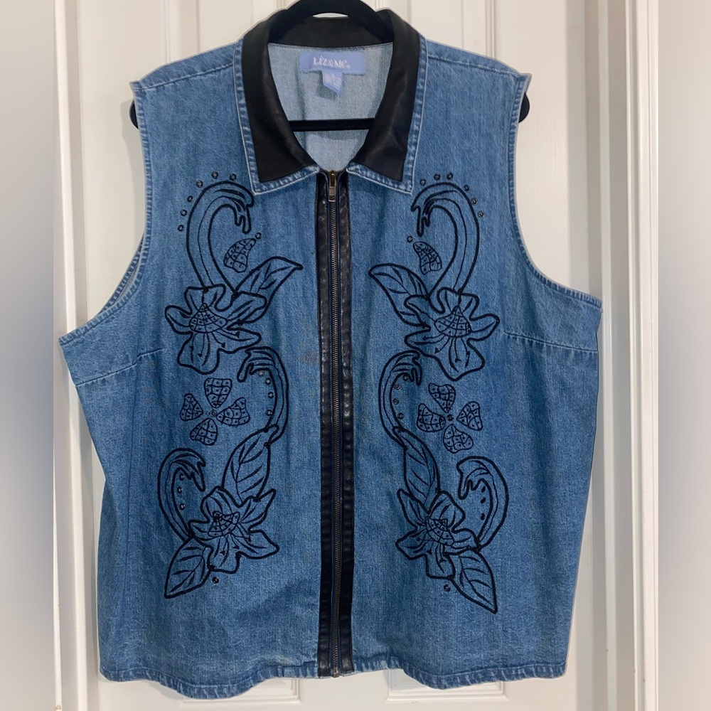 Vintage Liz &‎ Me Blue Denim Vest with Black Leather Accents